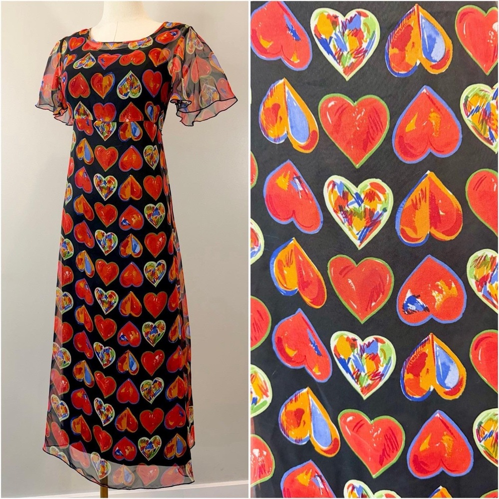 Vintage 2000s Heart Print Dress Y2K Whimsical Novelty Print Fairy Whimsy Small